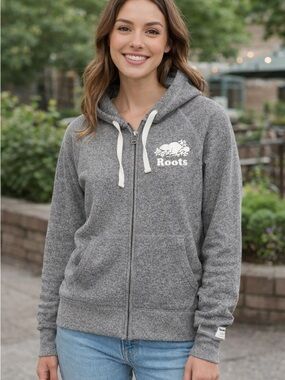 Roots Women's Heather Gray Zip-Up Hoodie with Logo